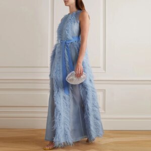 Epoch Crepe Evening Dress فساتين مناسبة رسمية O-Neck 100% Ostrich Feathers Formal Fashion Christmas Cocktail Prom Gown For Women