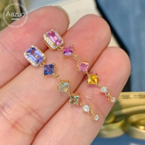 Aazuo 100% Real Jewelry18K Yellow Gold Natural Sappire Real Diamond Long Drop Earrings Gifted For Women Engagement Wedding Party