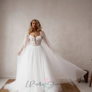LRosella Sequined Luxury Beading Flowers Deep V-neck Neckline Zipper Custome A-line Wedding Dress Sweep Train Bridal Dresses