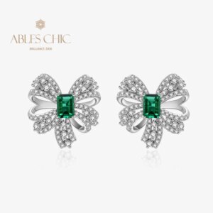 ABLES CHIC Solid Silver Bowtie Emerald Cut Lab Grown Studs Micro Paved Butterfly CZ Post Earrings S2E4S2E0400