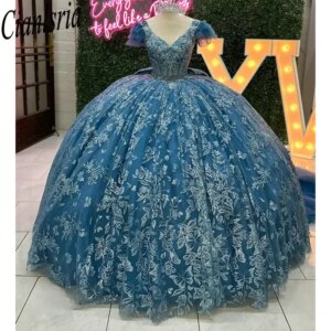Blue Pearls Beading Bow Quinceanera Dresses Ball Gown Glitter Crystal Sequined Customized Corset Vestidos De XV Anos