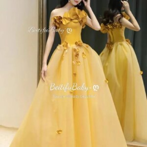 BeitifuBaby 3D Flower Strapless Party Dresses for Women Princess Style Sleeveless Appliques Banquet Ball Gown Evening Dress