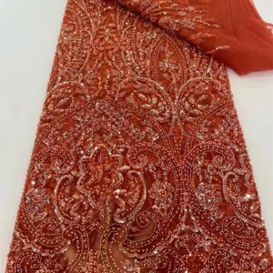 Luxury Beaded Lace High Quality Fabric 2025 Orange Lace Fabric Fashion Latest Sequence Lace For African Wedding Fabric 5y W558-1