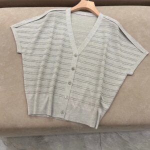 Spring And Summer New Women’S V-Neck Short-Sleeved Striped Beaded Knitted Cardigan Fashionable And Versatile Casual Tops