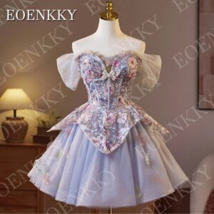 EOENKKY Light Purple Short Prom Dresses for Woman Glitter Off Shoulder Floral Sequin Embroidery Puffy Party Dress Customized
