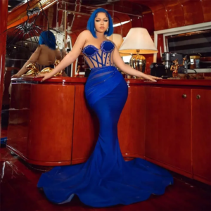 Flavinke Customized African Blue Formal Occasion Dresses Sweetheart Crystals Mermaid Evening Dress Aso Ebi Dress Prom Gowns