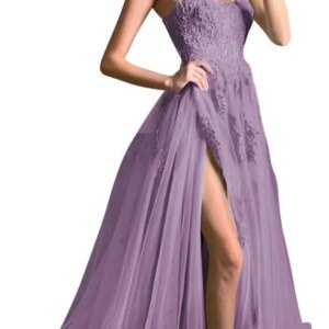 Women’s Lace Criss-Cross Prom Dresses 2023 with Slit Spaghetti Straps Long Formal Evening Gowns