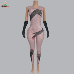 Classic Sparkly Full Rhinestones Jumpsuit for Women Birthday Party Nightclub Sexy Dance Performance Stage Jumpsuit with Gloves