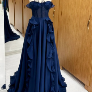 Classic Long Navy Blue Strapless Chiffon Prom Dresses Sleeveless A Line Ruffled Floor Length Vestido Formal