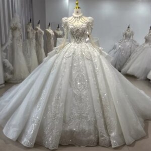 ウエディングドレス Long Sleeve High Lace Up Keyhole Back Wedding Dress Embroidery Bow Beading Sequined Crystal Ball Gown Bridal Dress