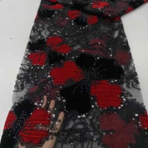 High Quality Tulle African Groom Lace Fabric With Sequins Black Red French Embroidery Nigerian Lace Fabrics For Wedding Party