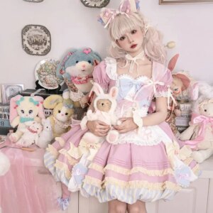 Cake Dresses Kawaii Bow Love Lace Print Pink Gorgeous Princess Lolita Dress Sweet Girl Short Sleeve OP Birthday Gift