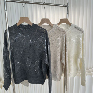 Women’s Heavy Sequin Knitted Pullover Round Neck Loose Long Sleeve Bottoming Shirt Sweater