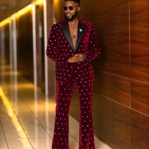 Red Velvet Men Suits Set 2 Piece Blazer+Pant Luxury Crystal Prom Groom Wedding Tuxedo Coat Tailored Made Office Business Jacket