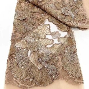 Nigerian Beaded Lace Fabric 2025 High Quality African 3d Fabric Mesh Lace French Tulle Sequins Lace for Wedding Party Dresses