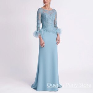 Lace Mother of The Bride Dress Customized Scoop Neck Feathers Long Sleeves A Line Sweep Train Godmom Evening Party Gown