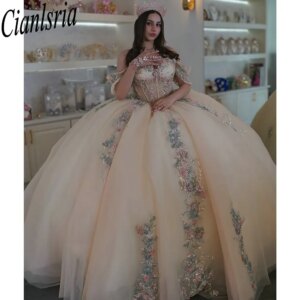 Champagne Off The Shoulder Quinceanera Dresses Ball Gown Beading Pearls Appliques Lace Sweet 15 Años Mexican Customized