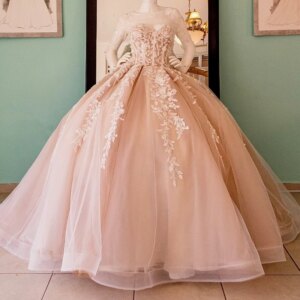 Champagne Quinceanera Dresses Ball Gown Off The Shoulder Applique Lace Beading Tull Party Birthday Sweet 16 Dress Vestidos 15 De