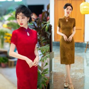 Red College Entrance Examination Mother Cheongsam Qi Pao Spring and Summer New Retro Improved Chinese Style Yellow Short Sleeve