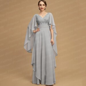 Customized Elegant Sliver Chiffon Mother Of The Bride Dress V Neck Applique Lace Floor Length Simple Wedding Guest Party Gown
