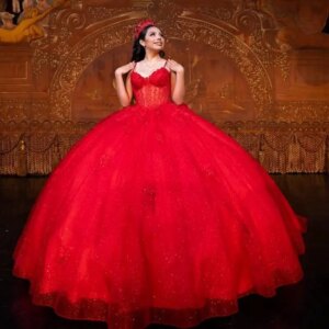 Customized Shiny Red suspenders V-neck Quinceanera Dress applique Tull Lace Bow vestidos de 15 Quinceanera 