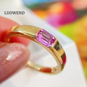 LUOWEND 100% 18K Yellow Gold Rings Fashion Simple Style Natural Padparadscha Sapphire Ring for Women High Party Jewelry