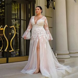 Sexy 2025 Full Sleeves O-Neck High Slit Appliques Illusion Wedding Dress A-line Tulle Court Train Bridal Gown Vestido De Noiva