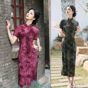 Retro Chinese Style Milk Silk Flocking Long Short Sleeve Robe Qi Pao     Middle-Aged Elderly Cheongsam