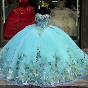 AA210 Customized Aqua Princess Girl Quinceanera Dresses Flower Appllique Ball Gown Women Party Occasion Prom Dress Sweet 15 16