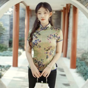 Printed High Quality Real Silk Vintage Chinese Style Cheongsam Qipao Women’s Dress Top