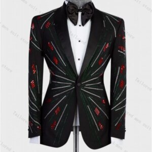 Crystals Men Suit Set 2 Pieces Black Blazer+Pant Formal Office Jacket Luxury Prom Cotton Coat Trousers Groom Wedding Tuxedos