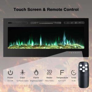 Led Fireplace for Living Room, Recessed Electric Fireplace, Linear Fireplace, Logs & Crystal, 750/1500W