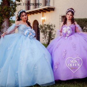 EVLAST Customized 2025 Sky Blue Lilac Ball Gown Quinceanera Dress Lace Applique Beaded Tie Sweet 16 Vestidos De 15 Anos E1Q878