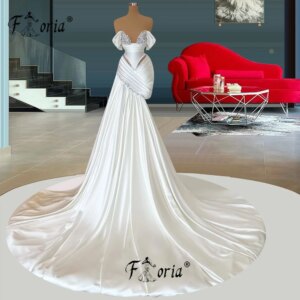 White Pearls Crystal Formale Evening Dress with Long Train Beaded Pleats Satin Cocktail Party Dress Fashion Wedding Vestidos New