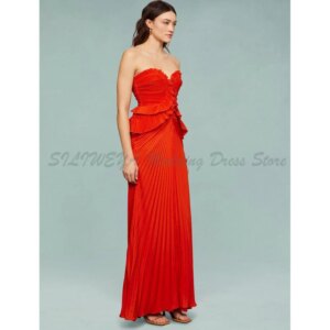 Pretty Red Prom Evening Party Dresses Women Backeless Strapless Formal Situation None Sleeve Satin Floor Length Classic Gowns