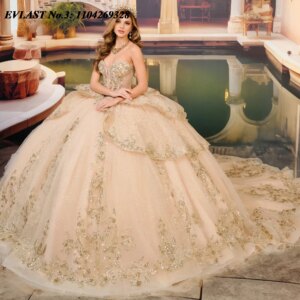 EVLAST Customized Champagne Quinceanera Dress Ball Gown Gold Lace Applique Beading Tiered Sweet 16 Vestido De 15 Anos E3Q211