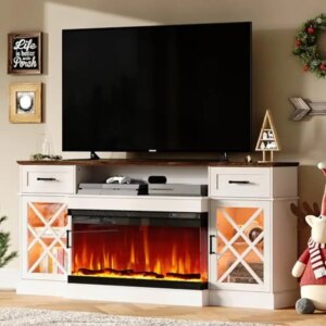 Electric Fireplace TV Stand 70″ Farmhouse Rustic Entertainment Center Adjustable Heating Glass Barn Doors Storage Space