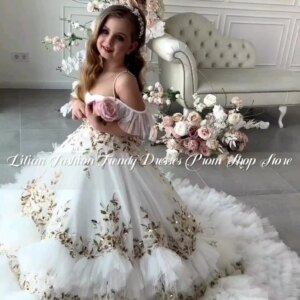 Luxury Mini Princess Quinceanera Dresses White Lace Gold Inlay Birthday Flower Girl Dresses Custom vestido de noiva