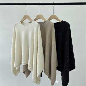 Women’s Cashmere Pullover Cape Sequins Bead Chain O-Neck Long-sleeved Knitted Sweater