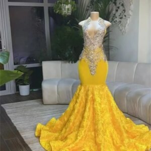 Charming Yellow Prom Party Dresses 2025 Ruffles Beading Diamonds Crystal Birthday Dress Gown For Black Girls Customized