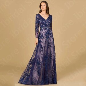 Charming Navy Mother of the Bride Dresses Lace Long Sleeve Mother Gowns V Neckline Wedding Party Gowns 2024 Appliqued Customized
