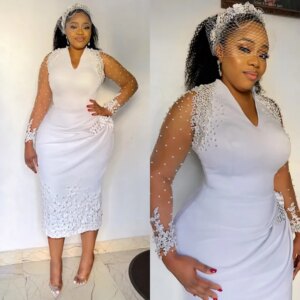 Luxury Mermaid Plus Size Gorgeous Length Short Bridal Dress Long Sleeve Satin Pearl Applique Beaded Wedding Dress Customized