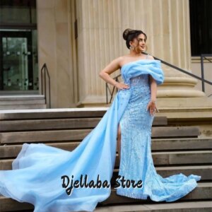 Baby Blue Saudi Arabia Elegant Beaded Lace Prom Dress 2025 One Shoulder Mermaid Evening Dresses Birthday Party Dress Customized