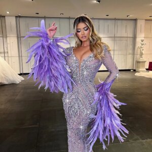 Illusion V Neck Women Luxury Evening Dress Feathered Crystals Customized Sexy Prom Gown Fashion Party For Special Occasions