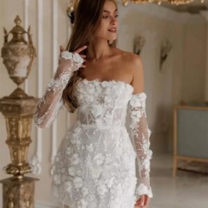 2024 Sheath Short Wedding Dress 3D Floral Appliques Detachable Long Sleeves Corset Strapless Beach Women Bride Dress Customized