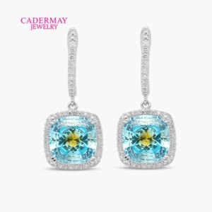 High Quality Custom Made S925 Silver Dorp Earrings 10mm Cushion Cut Blue Stone With 2 Colors Halo Drop Earrings For Women Gift