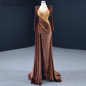 Lceland Poppy Customized Pleated Mermaid Velvet Evening Dresses Long Sleeves Beaded Floor Length Formal Gowns with High Slit