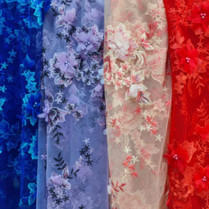 Floral Embroidered Lace Fabric With Pearls 3D Embroidery Flowers Wedding Dresses Colourful Lace
