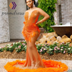 Bold Orange Mermaid Evening Dress With Feather Luxurious Crystal Black Girls Prom Dress 2025 Long Sleeve Birthday Customized