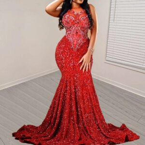 Sparkly Beading Crystals Mermaid Prom Dresses For Black Girls Cusotmized Red O Neck Evening Formal Party Gowns Birthday Clothing